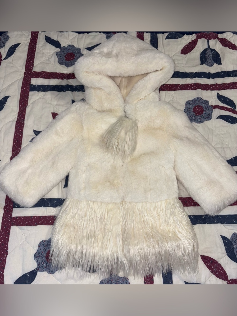 Donna Salyer’s Fabulous Furs Cream Plush Hooded Puffer Coat with Pom Zipper XXS
